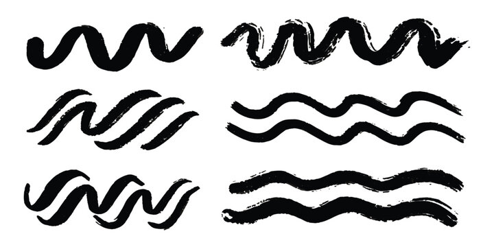Set of black hand drawn wavy brush strokes and curvy artistic ink lines