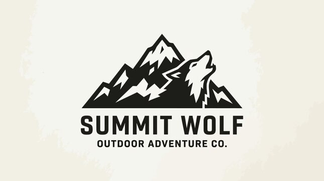 Monochromatic outdoor adventure company logo concept featuring a howling wolf silhouetted against a rugged mountain landscape, symbolizing wilderness exploration and untamed spirit
