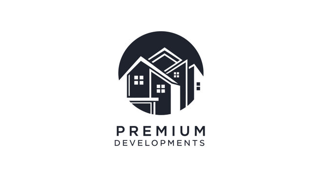 Elegant emblem for property development, architectural design, or construction services, showcasing a cluster of modern homes within a distinctive circular graphic