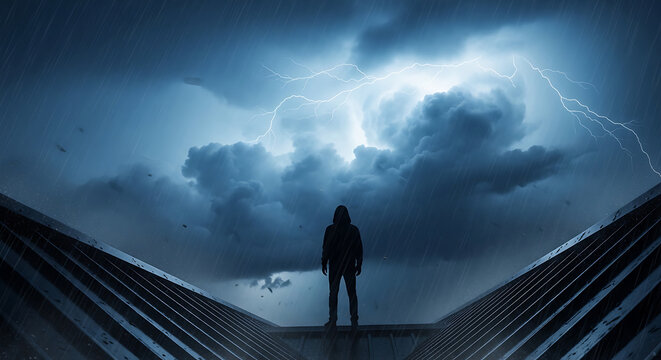 Man standing on a platform looking at a dramatic thunderstorm at night