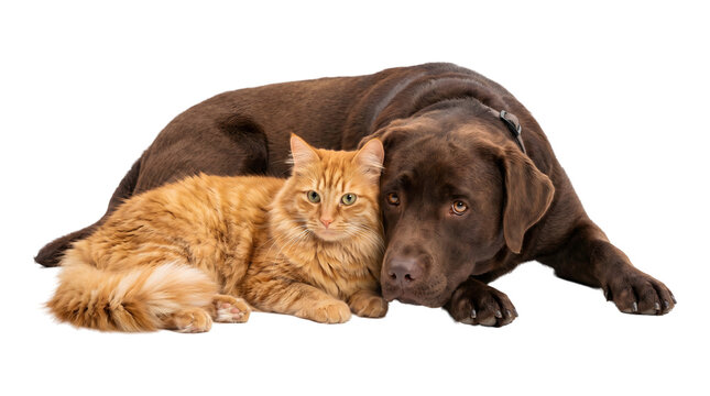 Pets affectionate Labrador dog resting beside ginger cat in PNG isolated on transparent background
