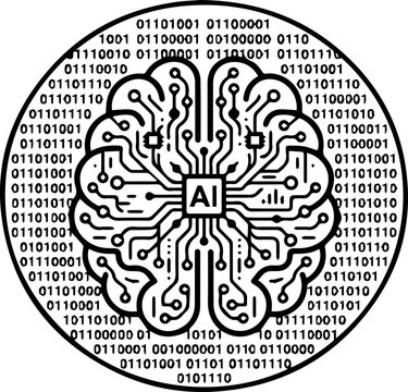 Ai brain with binary code overlay in black and white symbolizing artificial intelligence