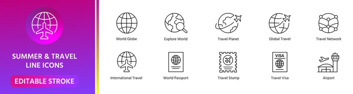 travel world globe icon line style editable stroke international tourism vector set
