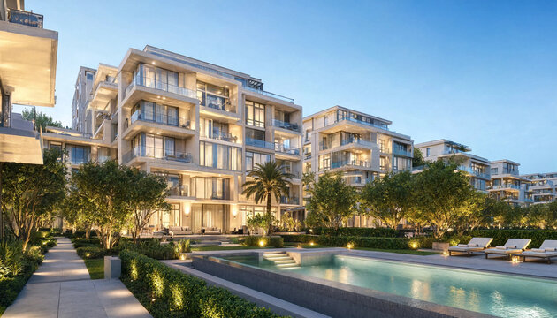 Luxury apartment residence with swimming pool and landscaped courtyard at sunset apartment building architecture residence residential condominium exterior property realestate