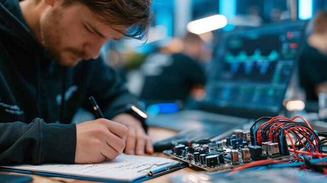 Quantum random number generation hardware module close-up on a security laboratory bench where a solitary cryptography engineer logs entropy output values on a clipboard, information security techno