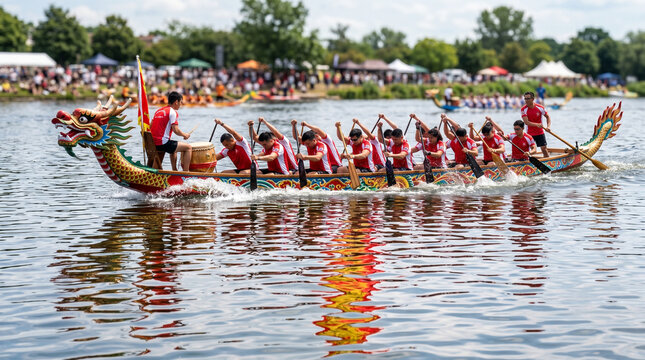 Dragon boat racing with a drummer and festival flags. Traditional dragon boat paddlers in action on open water.
Concept: cultural competition, teamwork, traditional water sport