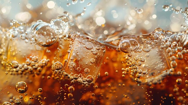 Close-up of ice cubes in cola, showing bubbles and carbonation texture. Cola soda with ice splashing and fizzing to the top, a refreshing cold drink background