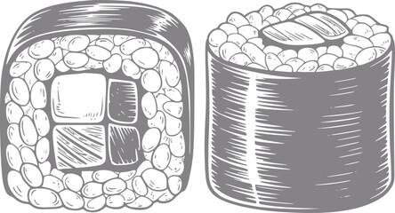 Hand-drawn of two delicious sushi rolls in a vintage style © Omar