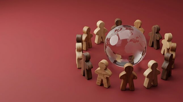 Wooden human figures standing in a circle around a glass globe on red background