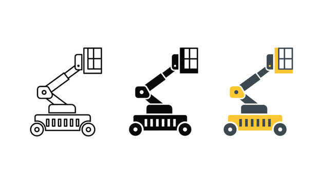 Cherry picker icon set three styles outline solid color isolated aerial platform lift