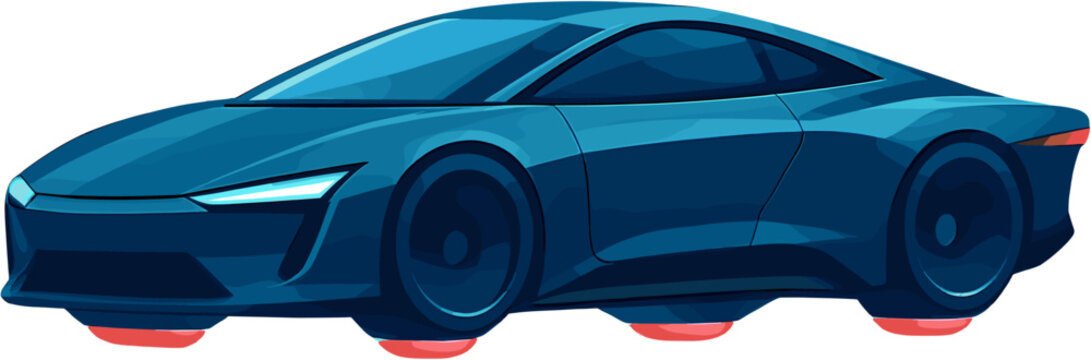 A sleek, futuristic blue hovercar with glowing red undercarriage, depicted in a clean, illustrative style against a white background.