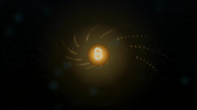 A glowing Bitcoin symbol radiates energy in a dark, abstract digital space with swirling light particles.