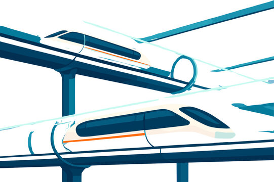 Futuristic high-speed maglev trains gliding on elevated tracks, showcasing advanced transportation technology.