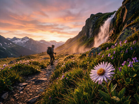 Hiker standing in stunning subalpine meadow at sunset with dramatic mountain peaks, colorful wildflowers, waterfall and vibrant orange sky in breathtaking alpine landscape