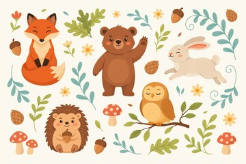 Naklejka premium Cute woodland animal collection featuring a fox, bear, rabbit, and owl with forest like mushrooms, acorns, and leaves on cream