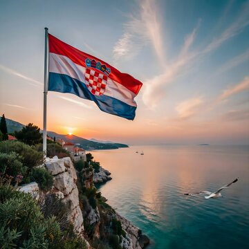 Croatian National Flag Waving Above Adriatic Coast at Sunset