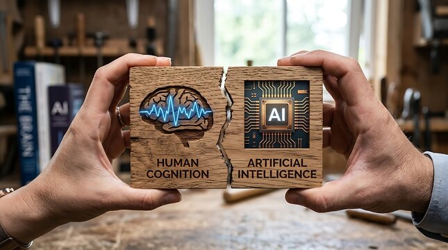 Two hands holding two wooden blocks that fit together, one side showing a brain with a pulse and the other an ai chip representing human cognition