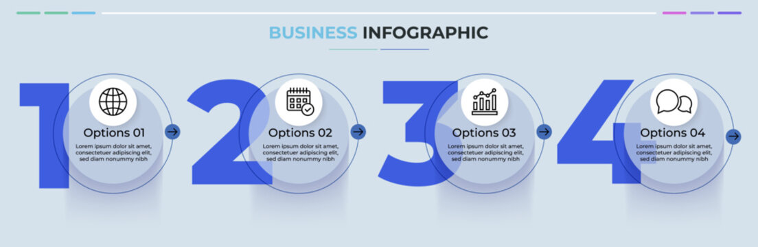 Business Infographic Template - 4 Step Process Flow with Large Numbers, Circular Cards and Icons