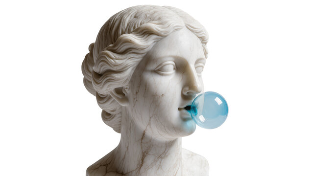 Marble bust of woman blowing blue bubble gum
