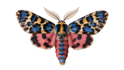 Colorful moth with blue pink, and black spotted wings and segmented body © Andrei