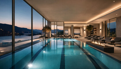 Fototapeta premium Modern indoor lap pool in luxury villa at twilight with sea view twilight architecture interior swimming exclusive wellness relaxation residence tranquil lifestyle panoramic