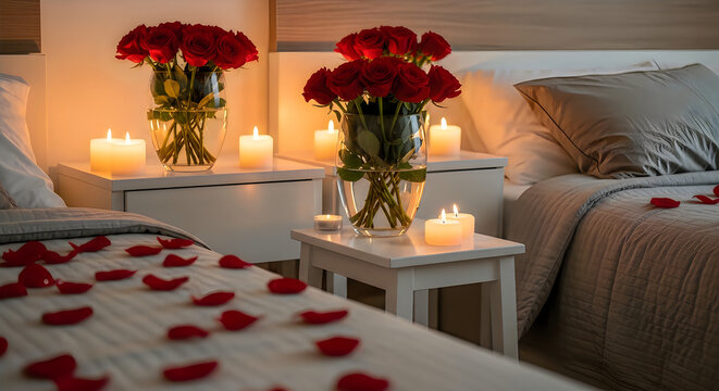 Romantic evening setup with roses and candles on a cozy bed