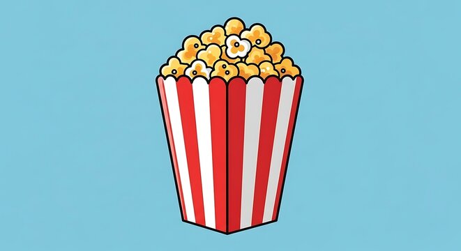 A cartoon-style illustration of a red and white striped popcorn bucket filled with yellow popcorn against a light blue background