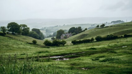 Fototapeta premium Serene Green Countryside Landscape with Rolling Hills, Trees, and Cloudy Sky