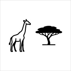 Minimalist outline graphic of a standing giraffe and an acacia tree © bbbb