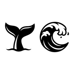 Whale tail fin and rolling ocean wave graphic set with wildlife, silhouette © bbbb