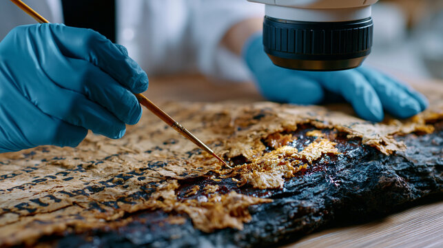 Close-up of a conservator's gloved hands stabilizing a crumbling pre-colonial manuscript page under magnification, fine brush applying consolidant to a faded ancestral script, cultural archive prese
