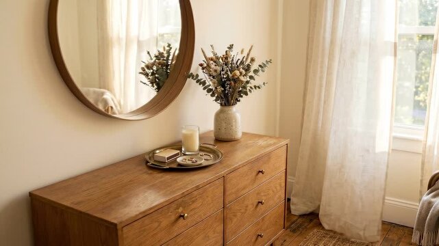 Slow pan across wooden dresser with vase of dried flowers and candle reflecting in round mirror beside sunlit window in cozy bedroom interior morning calm