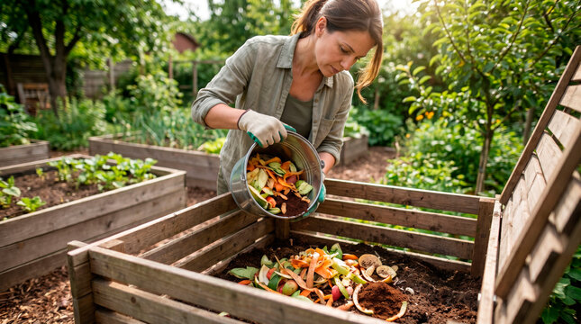 A woman composting in a garden with raised beds. She is wearing gardening gloves and adding organic waste to the compost bin, surrounded by greenery and sunlight