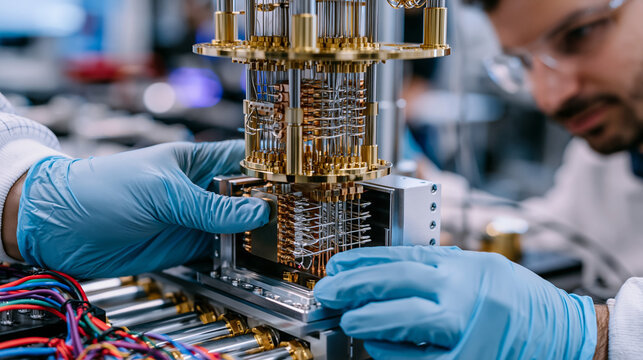 Close-up of gloved hands carefully positioning a trapped ion quantum gate apparatus inside a vacuum chamber housing, precision engineering detail, physics laboratory workbench, nanotechnology manipu