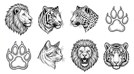 Obraz premium Collection of Big Cat Heads and Paw Prints Sketch Style.