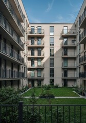 Obraz premium Architectural view of a quiet residential inner courtyard, featuring modern building facades, balconies, and green planting areas, environment, modern, planting