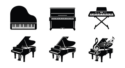 Piano Silhouettes And Musical Notes Black Vector Illustration © Nayem