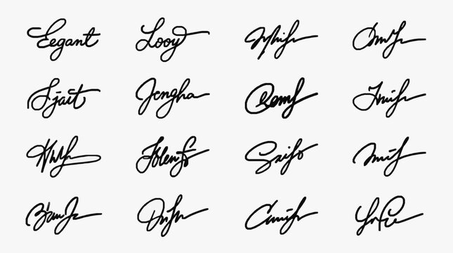 Collection of handwritten cursive signatures and script text examples.