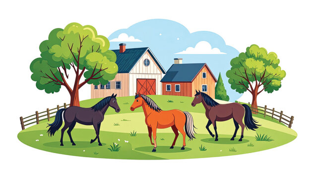 Three Horses Standing on Green Grass.