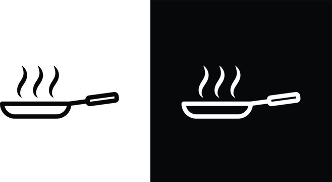 Pan frying icon set in black and white colors