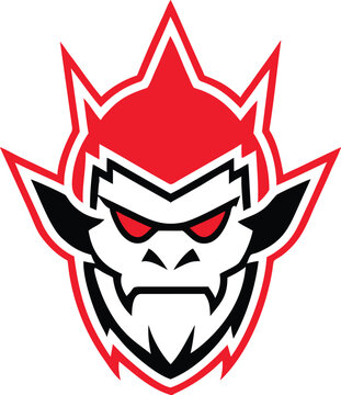 Intense red and black mythical creature mascot logo with sharp fangs and powerful glowing eyes ready for action