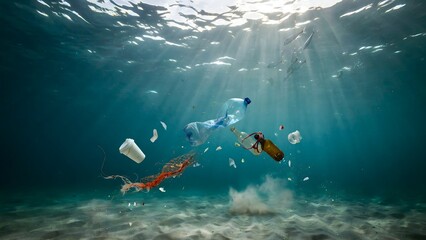 Obraz premium Underwater Scene of Plastic Waste and Pollution in Ocean Environment