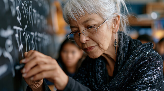 Heritage language teacher writes endangered script characters across a chalkboard to a classroom of middle-school students who respond hesitantly in a creolized hybrid dialect, intergenerational lin