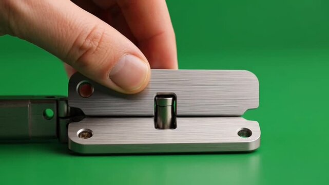 Hand closing a metal hinge mechanism on green background.
