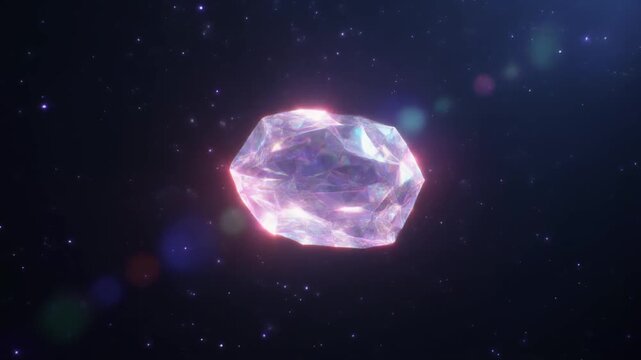 Glowing rotating crystal gemstone floating in deep space cosmic background digital animation video motion clip