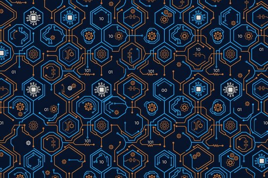 Dark blue background, with a repeating, hexagonal pattern containing, electronic circuit gears, and binary code, in orange and, blue lines