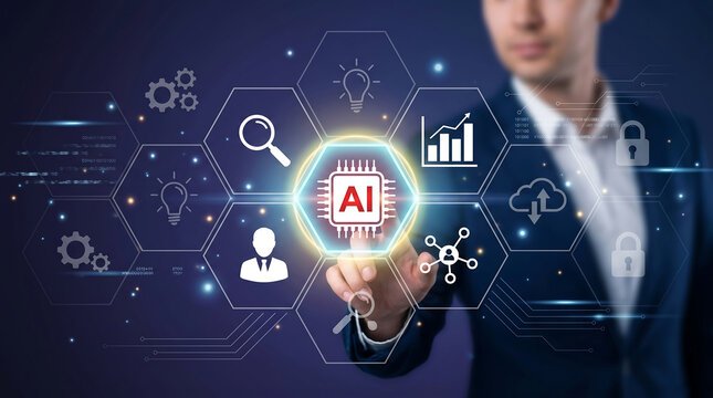 Businessman interacting with artificial intelligence interface technology concept with AI chip and icons