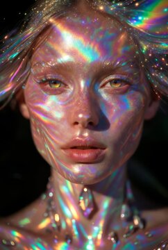 Ritratto surreale di donna con luci olografiche, riflessi iridescenti e atmosfera cosmica , generato con AI