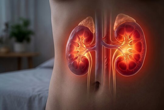 Detailed medical illustration of the human kidneys within the lower back, highlighting renal anatomy and urinary system function. Concept of kidney health, nephrology, renal disease diagnosis.