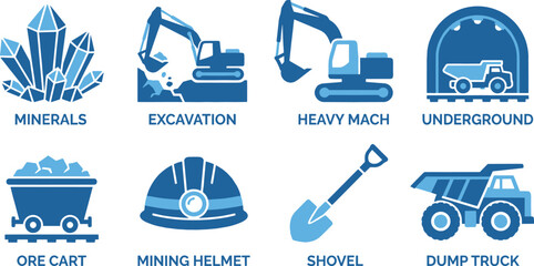 Mining industry related vector icons set with minerals, excavation, heavy machinery, underground, ore cart, helmet, shovel, dump truck. © Emongrapic